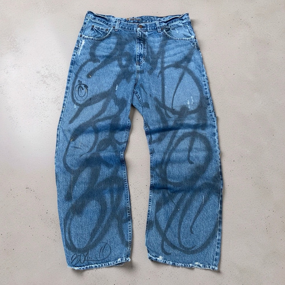 Y2K Bullhead Denim Mens 38x32 Graffiti Baggy Wide Leg Loose Boot Jeans Blue